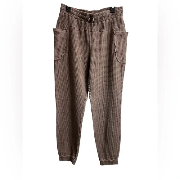 Rae Mode Women’s Waffle Knit Jogger Pants with Drawstrings in Brown - Picture 1 of 9